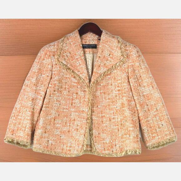 Dana Buchman Jackets & Blazers - Dana Buchman Petite Pink Boucle Tweed Blazer Jacket Fringe Trim Raw Edge 10P